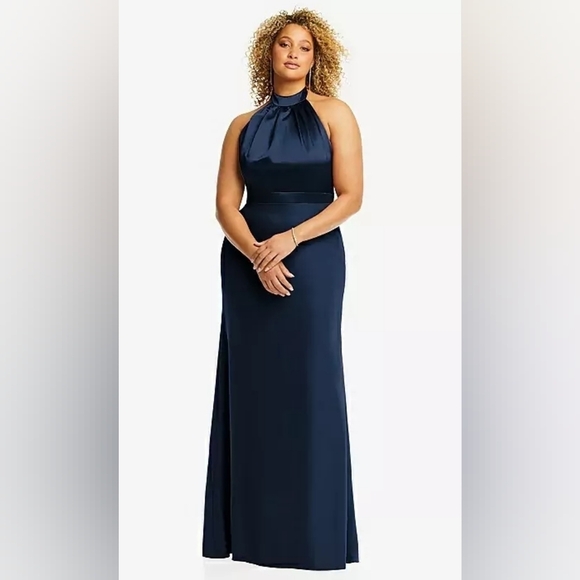 AFTER SIX-HIGH NECK OPEN  BACK MAXI DRESS WITH SCARF TIE IN MIDNIGHT NAVY - Picture 4 of 8